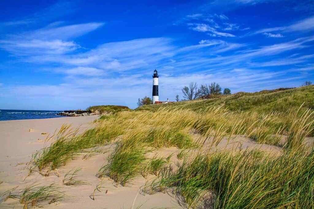 lighthouse at ludington state park hiking trail