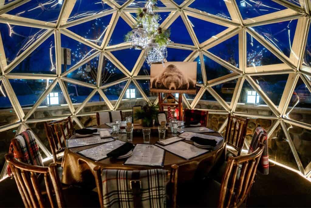 Inside a heated igloo dining experience in Michigan