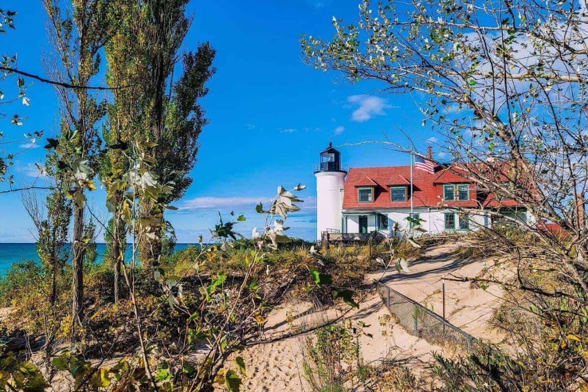 Point Betsie lighthouse with blue sky