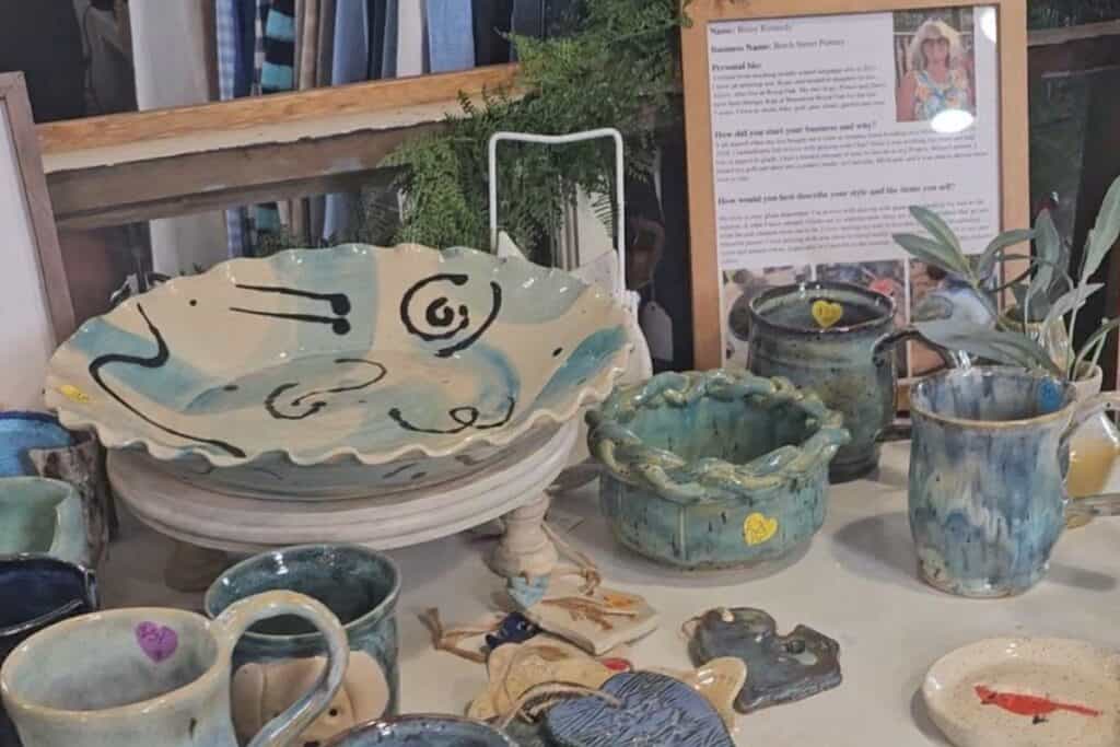 Birch Street Pottery pieces displayed at the Lemontree Marketplace in downtown Caseville Michigan