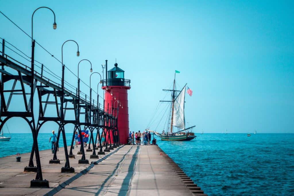 the Friends Good Will tall ship at South Haven pier on Lake Michigan