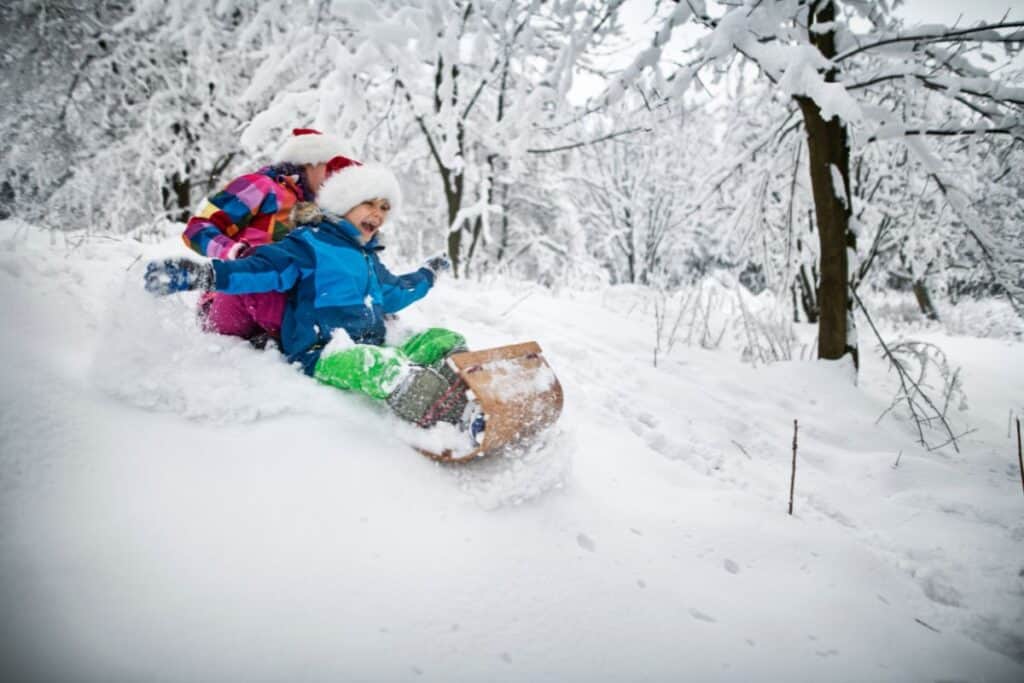 Kids tobogganing down a snowy Michigan hill