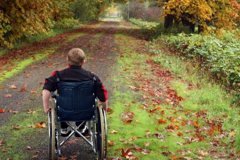 boy in a wheelchair on a michigan nature trail