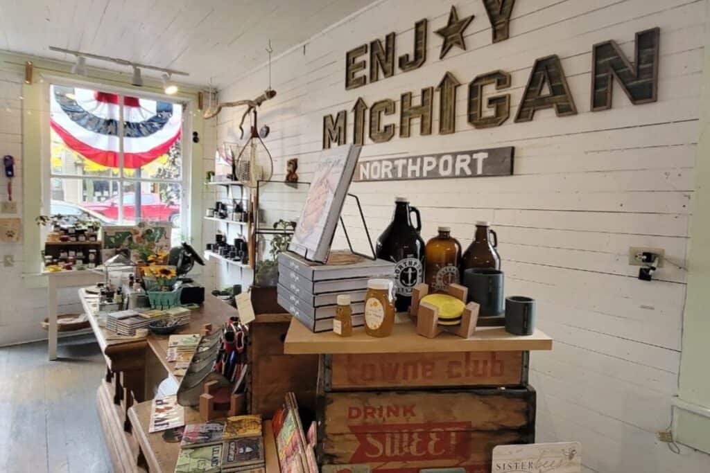 inside a shirt shop in northport michigan on the leelanau peninsala