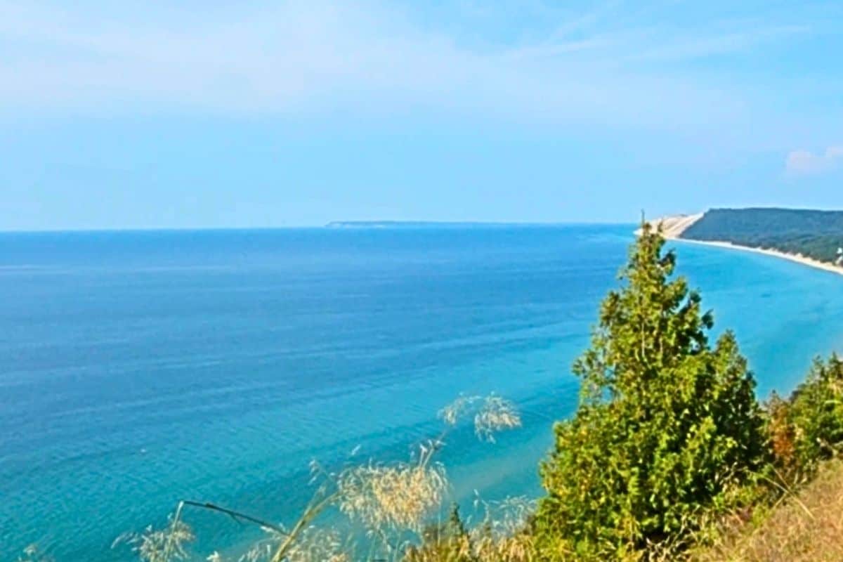 Lake Michigan and the Sleeping Bear Bluffs from the Empire Bluff Trail overlook in Empire Michigan