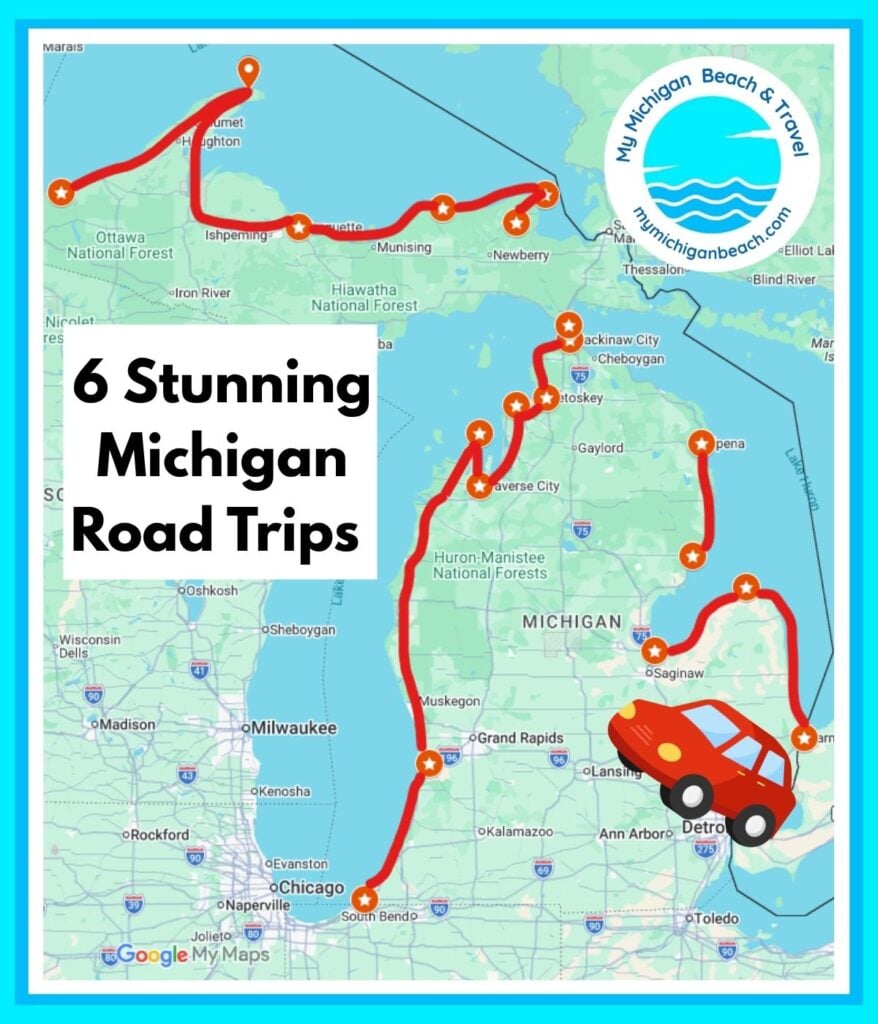 Map of six Michigan road trip routes along Lake Michigan, Lake Huron, the Thumb and Lake Superior in the Upper Peninsula