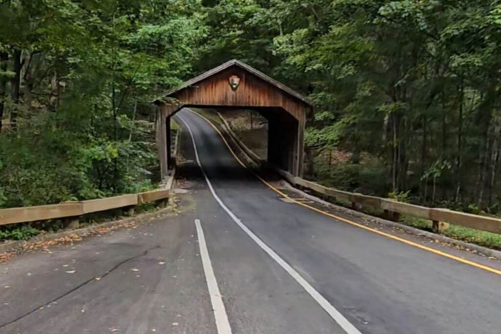 The historic covered bridge at Stop 1 on the Pierce Stocking Scenic Drive in Sleeping Bear Dunes