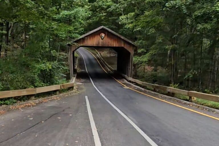 The historic covered bridge at Stop 1 on the Pierce Stocking Scenic Drive in Sleeping Bear Dunes