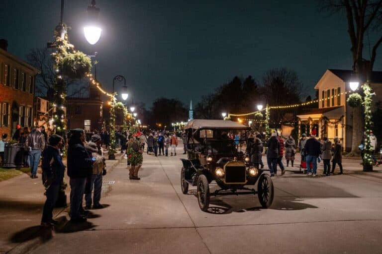 main street at Greenfield Village's Holiday nights Christmas event
