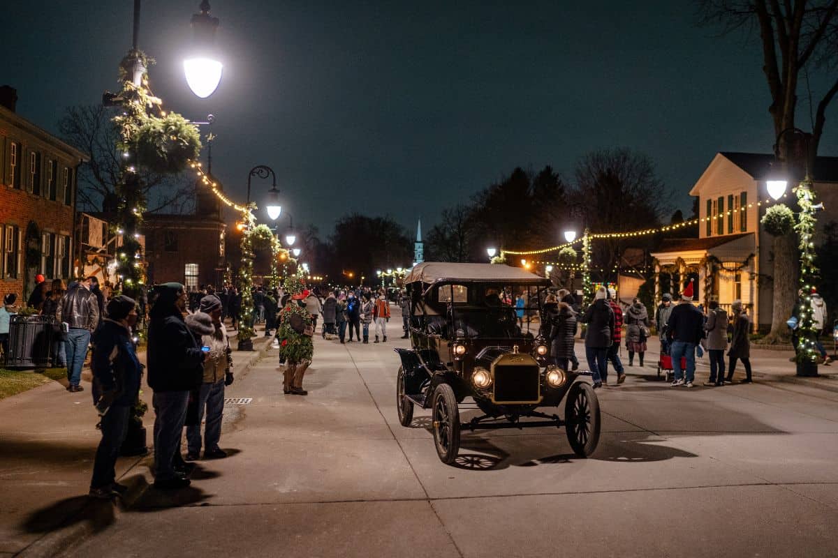 main street at Greenfield Village's Holiday nights Christmas event