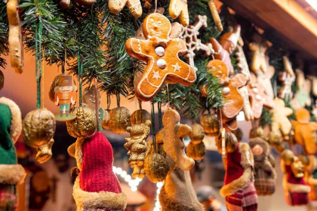 gingerbread ornaments hanging at a michigan christmas market 
