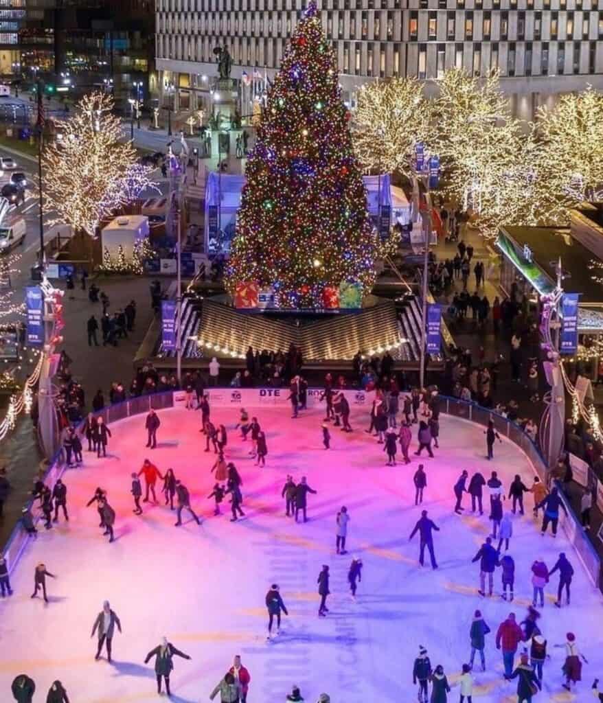 campus martius skating rink at christmas