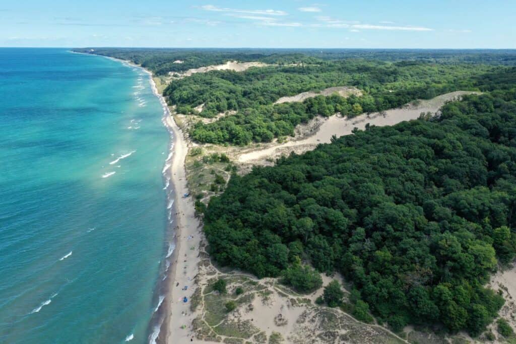 Aerial view of the Lake Michigan shoreline in Harbor Country Michigan