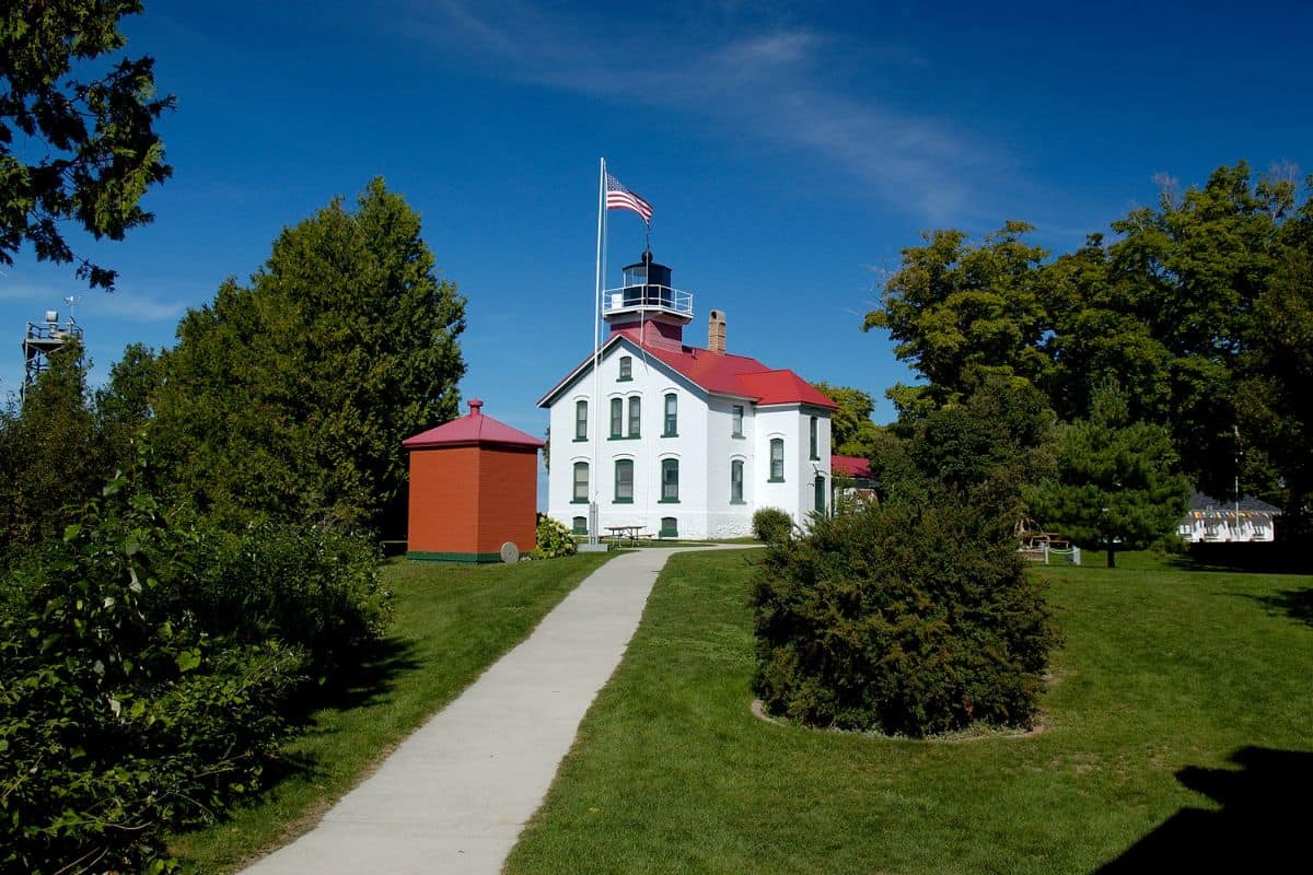 Lighthouse with blue sky in background