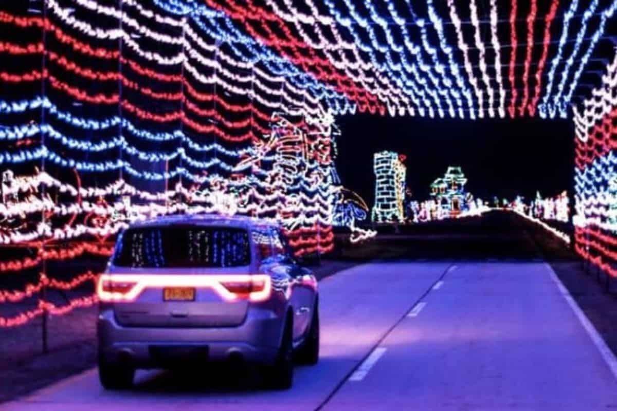 car driving through michigan christmas lights display