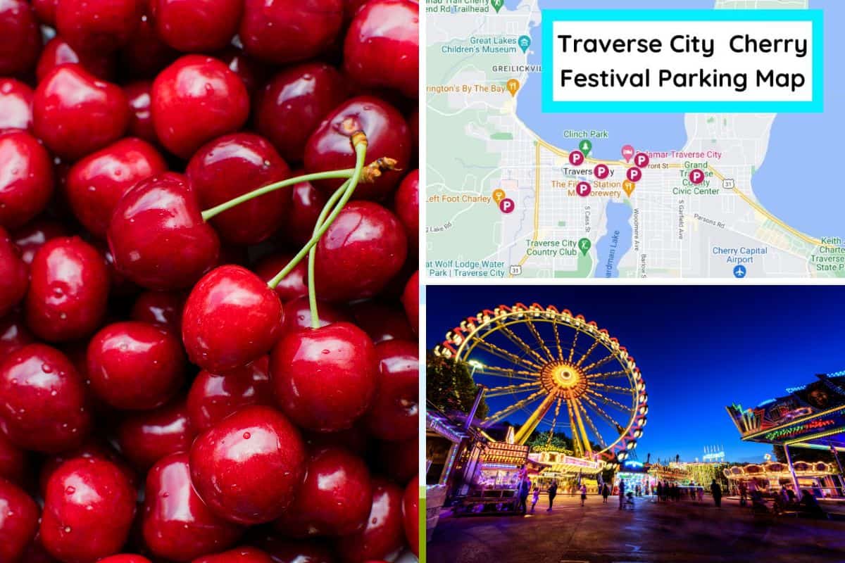 collage of parking map for the national cherry festival in traverse city michigan
