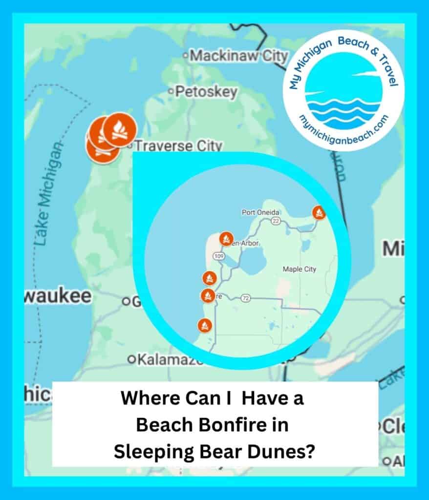 Map of Sleeping Bear Dunes bonfire beaches showing Good Harbor Bay, Glen Haven, Esch Road, North Bar Lake locations