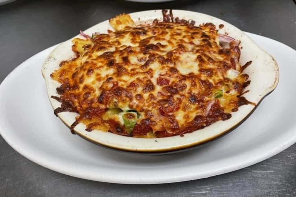 baked lasagna at Maria’s Italian Restaurant in South Haven Michigan with melted cheese and vegetables