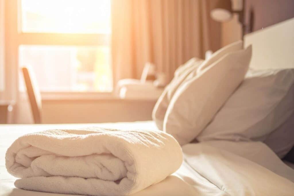 Folded towel and pillows on a bed in a sunlit hotel room at a St. Joseph Michigan hotel