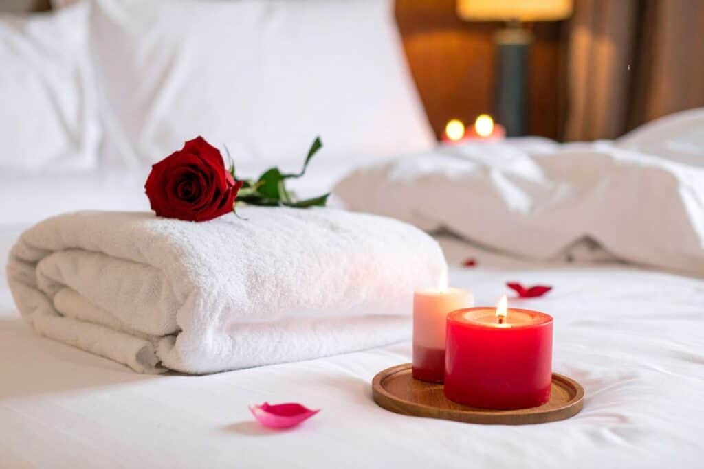 Red rose and lit candles on a bed at a St. Joseph Michigan hotel set up for a romantic couples' weekend