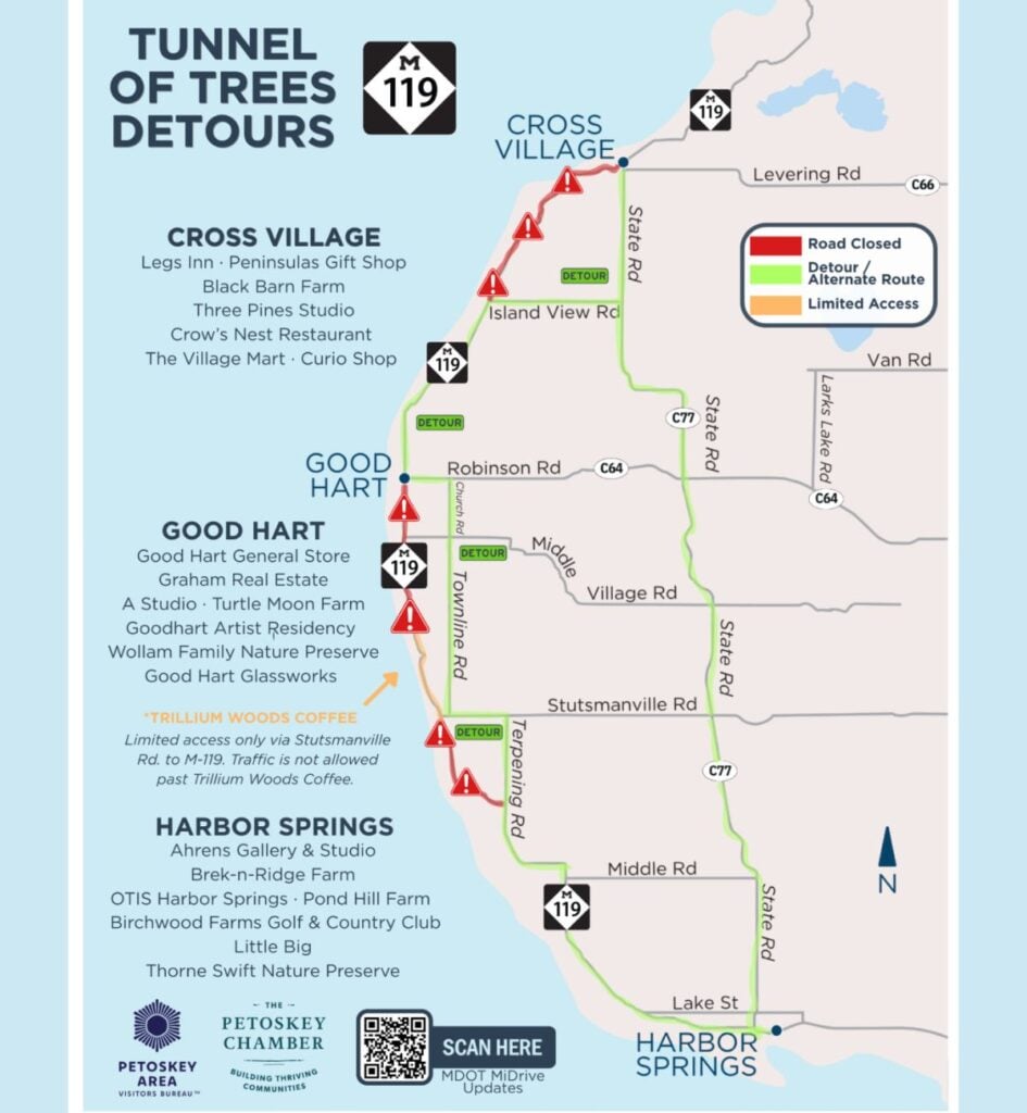 Tunnel of Trees M-119 detour map showing closed sections between Harbor Springs, Good Hart, and Cross Village