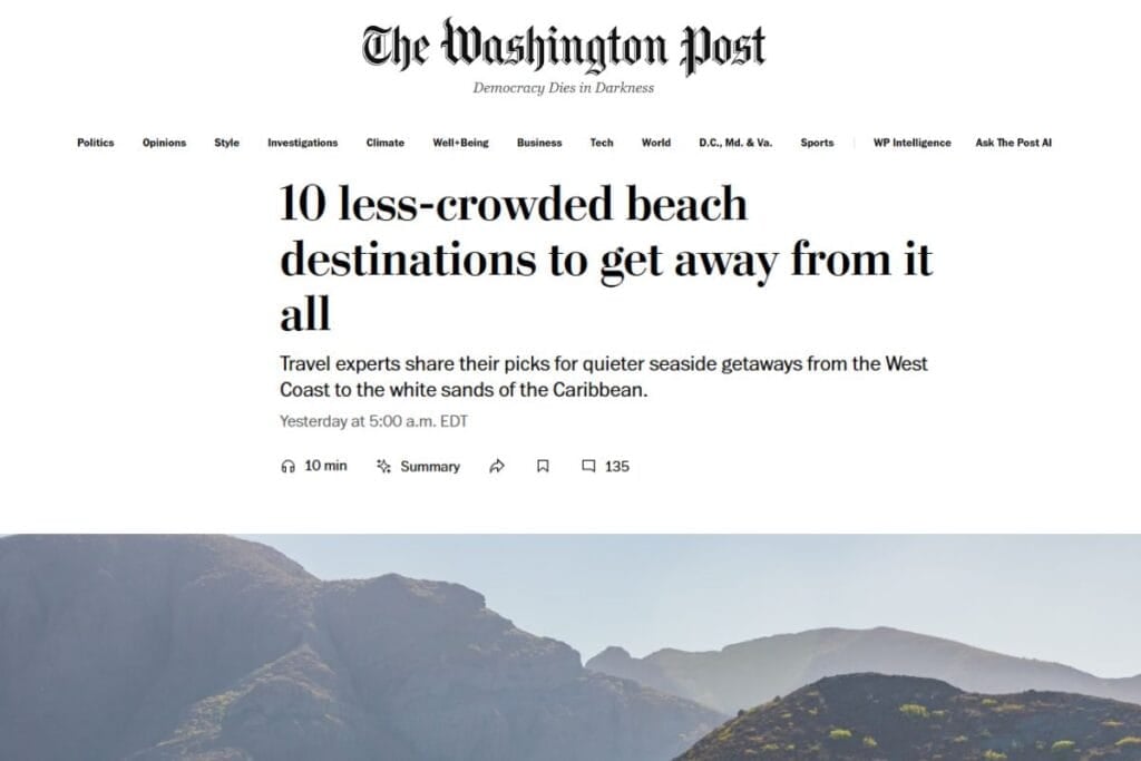 Jill Halpin featured in The Washington Post article on 10 less-crowded beach destinations to get away from it all