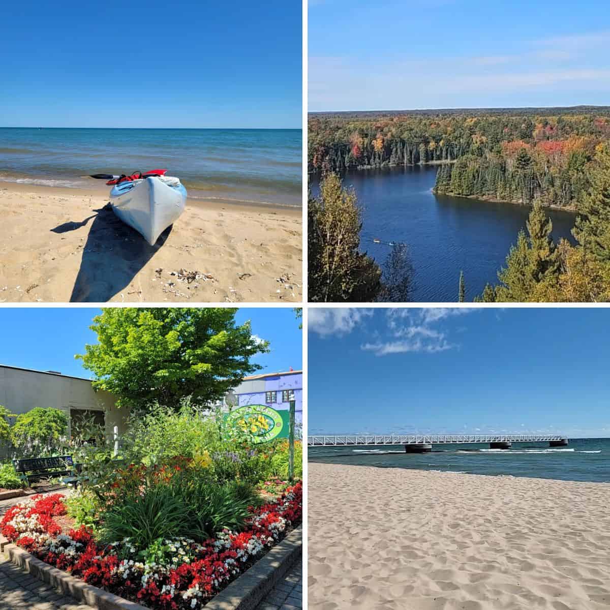 Four-photo collage of Oscoda Michigan showing a kayak on the Lake Huron beach, fall color over the Au Sable River, Oscoda Rotary Park flower garden, and the long white pier at the beach