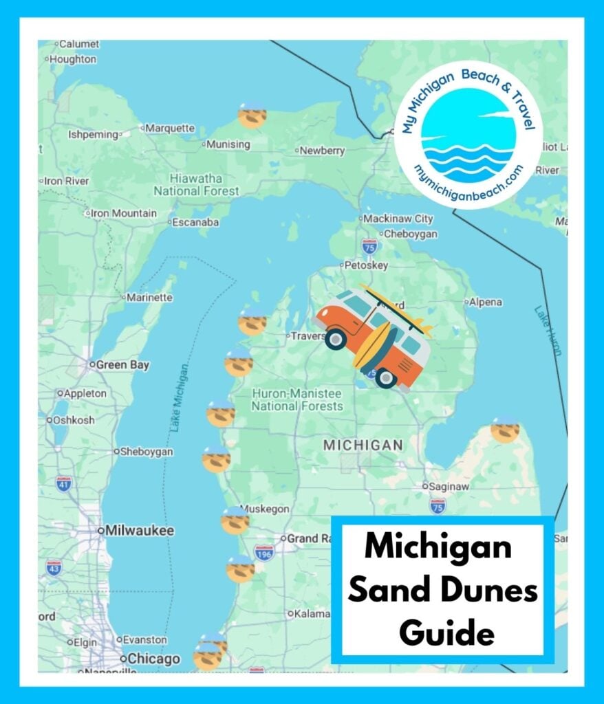 Map of Michigan showing sand dune locations along the Lake Michigan shoreline, Lake Huron's Thumb, and Lake Superior in the Upper Peninsula