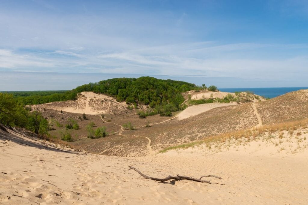 View from the top of the dune formation at Warren Dunes State Park in Sawyer, Michigan, with forested dune ridges and Lake Michigan in the distance
