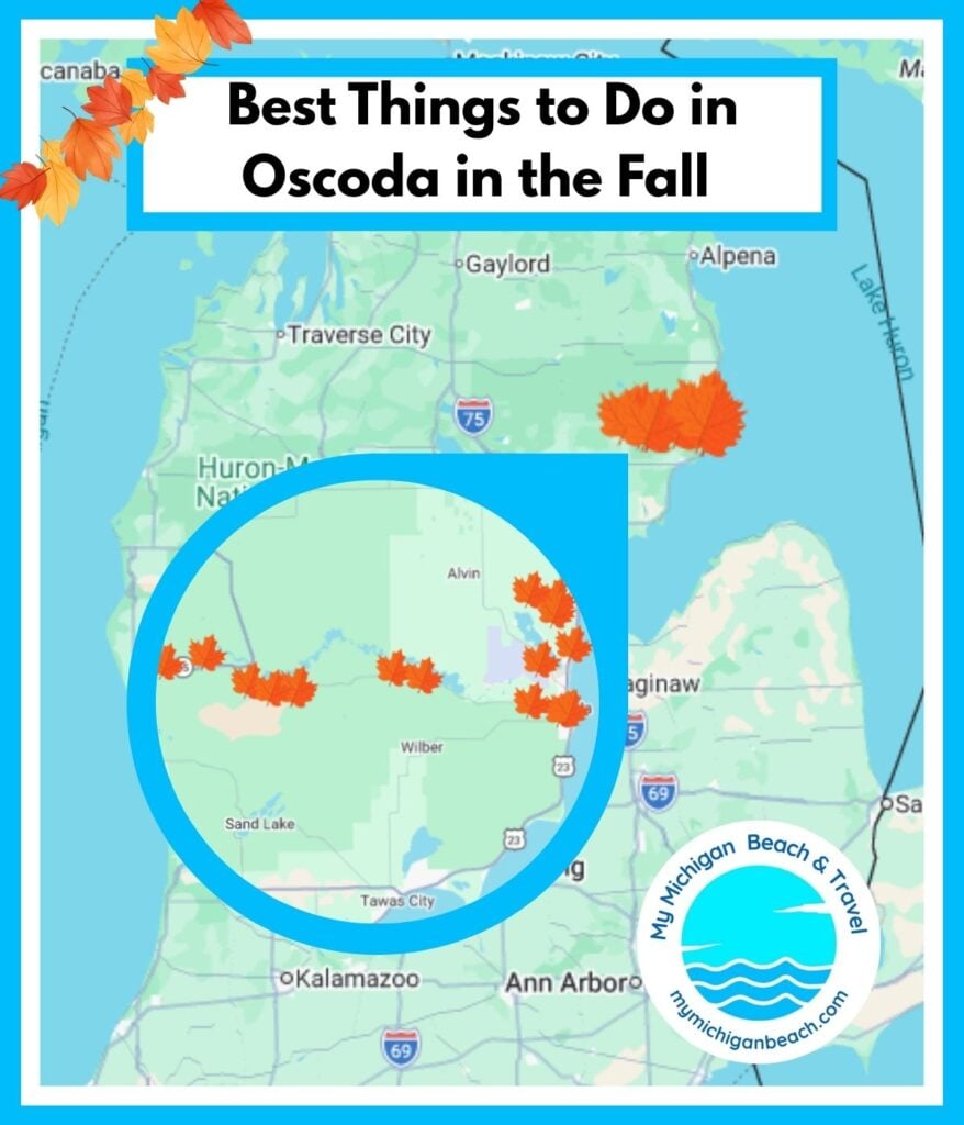 Map of the Oscoda area in northern Michigan showing the River Road fall color corridor running west from Lake Huron