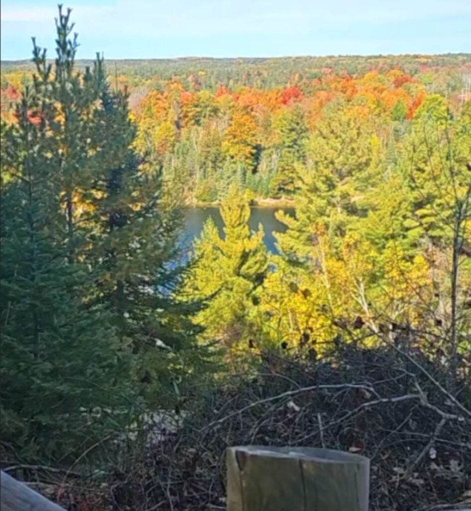 View from a bluff overlook on the River Road Scenic Byway across orange and gold treetops down to the AuSable River