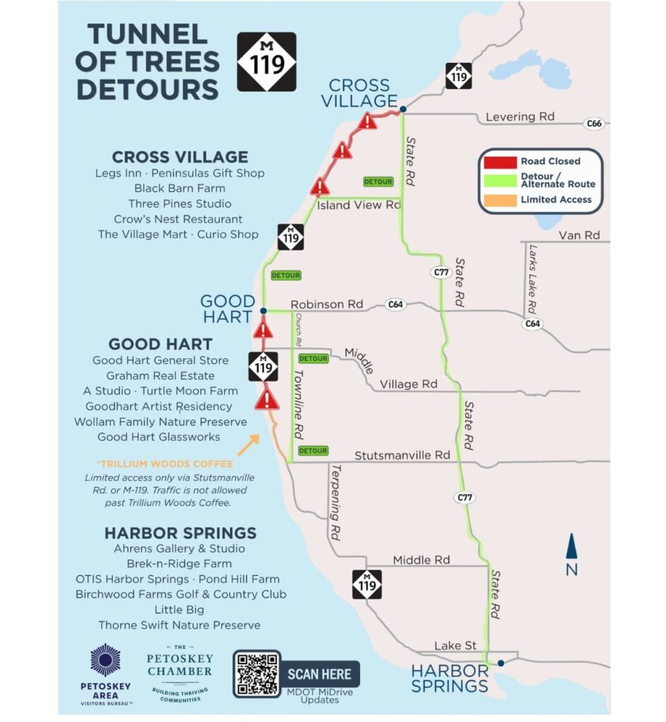 Tunnel of Trees M-119 detour map showing closed sections near Good Hart and Cross Village, with State Road alternate route