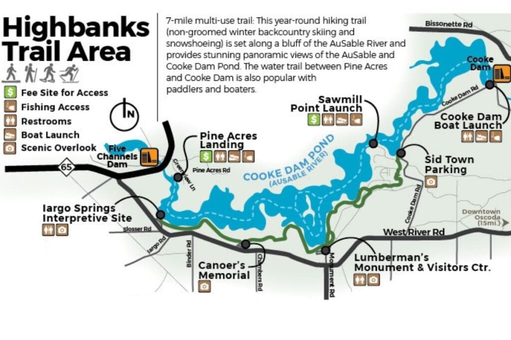 Map of the Highbanks Trail along Cooke Dam Pond, showing Iargo Springs, Canoer's Memorial and Lumberman's Monument