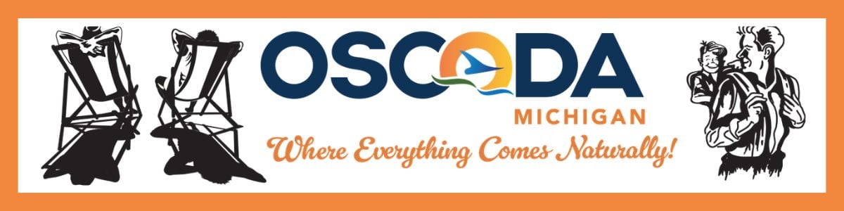 Oscoda, Michigan logo with the slogan Where Everything Comes Naturally, flanked by vintage beach chair and hiker illustrations
